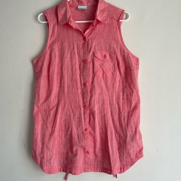 Columbia sleeveless button up pink cotton hiking top with front pocket - Picture 2 of 9